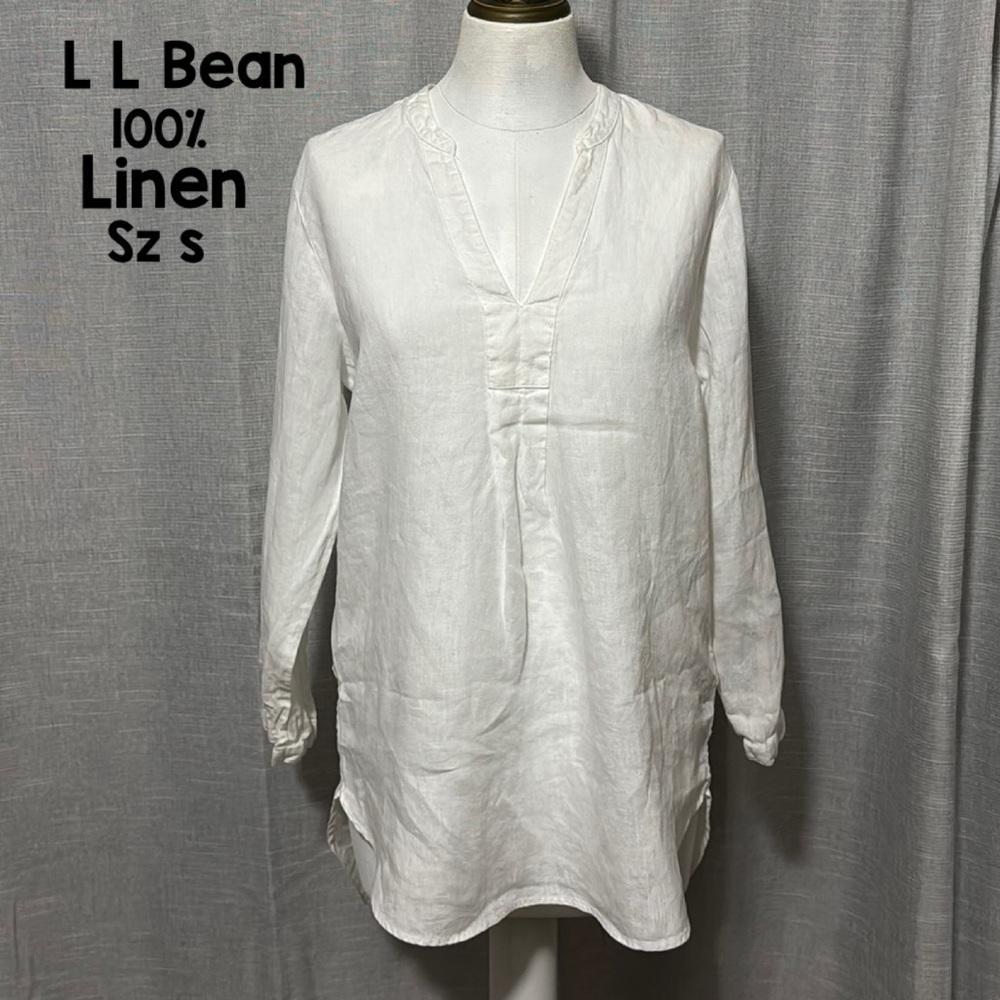 L.L. Bean 100% Linen Tunic Blouse-Sz S-White-V Neck Detail-Pop Over Style-EUC - Picture 1 of 16